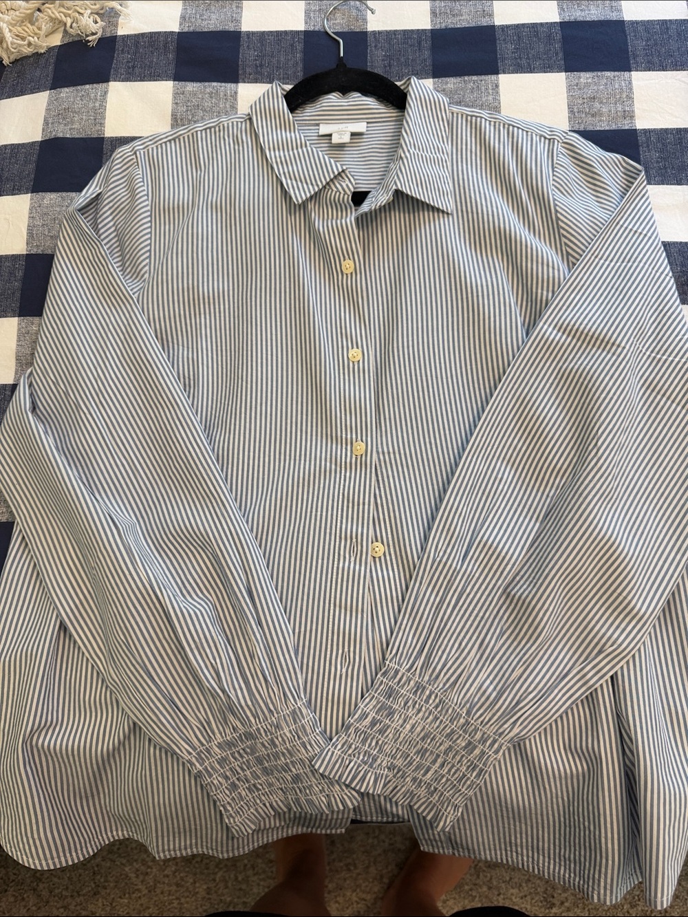 J. Jill Blue and White Striped Button-Down Blouse